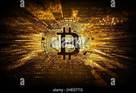 Bitcoin - Kryptowährung - Golden Bitcoin auf futuristischem Hintergrund Stockfoto