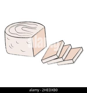 Weicher weißer Frischkäse in rechteckige Stücke geschnitten. Symbol für lineare flache Lebensmittel mit Füllung. Illustration für Verpackung, Logo, Aufkleber, Ladendesign Stock Vektor