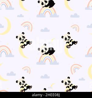 Nahtloses Muster mit Pandas. Niedlicher schlafender Panda auf Regenbogen mit verspieltem Teddybär auf Mond auf blauem Hintergrund mit Wolken und Regenbögen. Vektor-Illus Stock Vektor