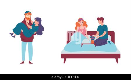 Romantische glückliche Paare beim Frühstück im Bett, Mann hält Frau in den Händen Stock Vektor
