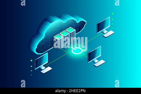 Cloud-Computing-Konzept - 3D Illustration von Computern, die mit der digitalen Cloud verbunden sind Stockfoto