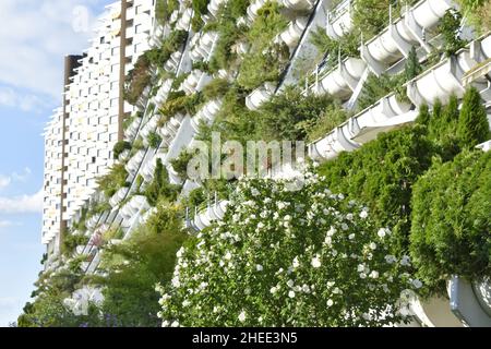 Wohnpark Alterlaa - Moderne Wohnanlage, Fassade mit Pflanzen. Erbaut 1970s in Wien Österreich. Stockfoto