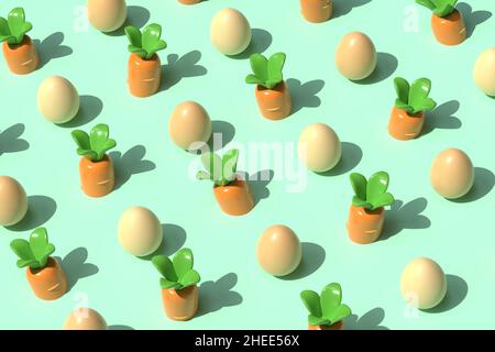 Ostereier und Karotten Muster Hintergrund. 3D Abbildung. Stockfoto