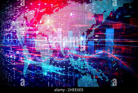 Financial Technology Concept - Fintech - Abstract Technology Background mit Weltkarte und Financial Charts auf Tech Background Stockfoto