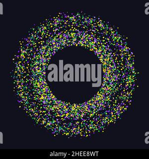 Rundes Muster aus schönen gelben, grünen, violetten Konfetti auf schwarzem Hintergrund. Design für Karneval, Mardi Gras, Weihnachtsdekoration Grußkarte, Post Stock Vektor