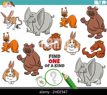 Cartoon-Illustration der Suche nach einem von einer Art Bild pädagogische Spiel mit lustigen wilden Tierfiguren Stock Vektor
