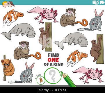 Cartoon-Illustration der Suche nach einem von einer Art Bild pädagogische Spiel mit Comic-Tierfiguren Stock Vektor