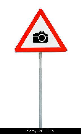 Dreieck auf Stange Straßenschild mit Kamera Stockfoto