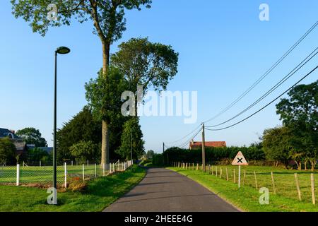 Dieses Landschaftsfoto wurde im Sommer in Europa, Frankreich, der Normandie und der seine Maritime aufgenommen. Wir sehen die Hauptstraße des traditionellen französischen Dorfes Sai Stockfoto