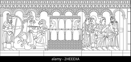 Romanisches Flachrelief der Kathedrale von Modena, Italien, Zyklus der Entstehung, skizzieren Vektor-Illustration auf weißem Hintergrund, UNESCO-Weltkulturerbe Stock Vektor