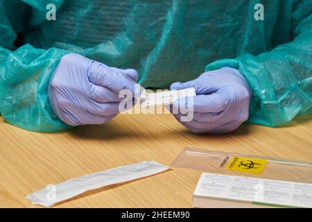 Anonymer Arzt mit medizinischen Handschuhen, der Tropfen auf einen schnellen Coronavirus-Test in der Klinik setzte Stockfoto