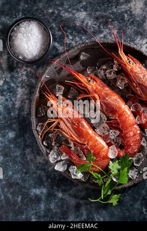 Hoher Garnelenwinkel in einer Schüssel mit Eis und Petersilie auf einem schwarzen Tisch im Luxusrestaurant Stockfoto
