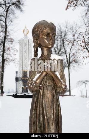 Kiew, Ukraine - 2019. JANUAR: Nahaufnahme eines Kindes, das ein Stacheletdenkmal vor dem National Museum of Holodomor Genocide hält, auch bekannt als Memorial in Stockfoto