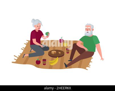 Ein älteres Paar, das sich beim Picknick entspannt. Großeltern verbringen gemeinsam Zeit im Freien. Seniorenurlaube. Großmutter und Großvater in Altersbeziehung. Rentner Vektor eps Illustration Stock Vektor