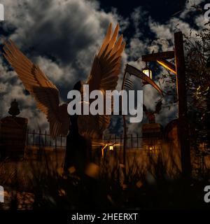 Engel des Todes in einem gruseligen Friedhof in der Nacht - 3D Rendering Stockfoto