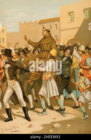 Geschichte Spaniens. Unabhängigkeitskrieg (1808-1814). Revolution von Valencia im Jahr 1808 (23. Mai bis 28. Oktober 1808). Der Franziskanerpriester Juan Rico y Vidal hatte eine bedeutende Rolle beim Aufstand gegen die Franzosen, der am 23. Mai 1808 in Valencia stattfand. Der Priester Rico wird triumphierend zur Tür der Audienz getragen. Illustration von J. Alaminos. Chromolithographie. 'Historia General de España' (Allgemeine Geschichte Spaniens), von Miguel Morayta. Band VII. Madrid, 1893. Autor: Juan Alaminos. Spanischer Künstler der zweiten Hälfte des 19th. Jahrhunderts. Stockfoto