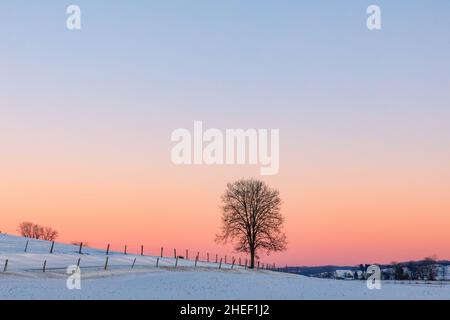 Sonnenuntergang auf einer Schotterstraße im Amish Country von Ohio. Stockfoto