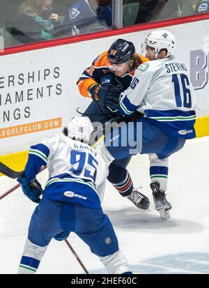 Abbotsford Canucks Shutout durch das Edmonton Oilers Farm Team, The Bakersfield Condors, Sonntag, 9. Januar 2022 im Abbotsford Center Stockfoto