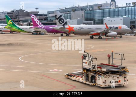 tokio, japan - dezember 06 2021: TREPEL Fracht-Hochlader mit Boeing- und airbus-Flugzeugen der drei berühmtesten japanischen Low-Cost-Fluggesellschaften parkt o Stockfoto