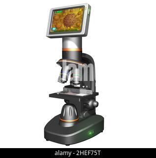 3D Rendering Illustration eines hochauflösenden Digitalmikroskops mit Bildschirm. Stockfoto