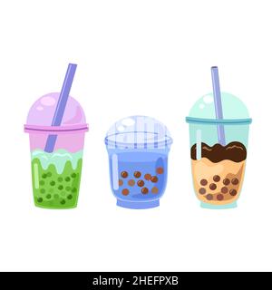 Set aus Bubble Tea Cup. Cartoon Gläser Milch schüttelt. Asiatische Essenssammlung. Stock Vektor