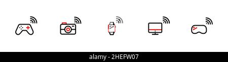Internet der Dinge. Intelligente Geräte mit drahtloser Verbindung. Gamecontroller, Kamera, Uhr, Computer und VR-Brille. Pixelgenaue, bearbeitbare Kontur Stock Vektor