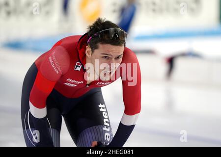 Kristian Ulekleiv (NOR) bei 1500-Meter-Männern während der Distanzen der ISU-Speedskating-Europameisterschaften am 9. Januar. 2022 in der Thialf Eisarena in Heerenveen, Niederlande Foto von SCS/Soenar Chamid/AFLO (HOLLAND OUT) Stockfoto