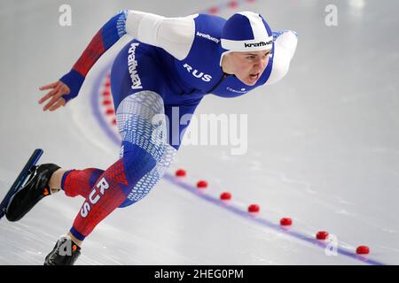 Daria Kachanova (RUS) bei Frauen über 1000 Meter während der Distanzen der ISU-Speedskating-Europameisterschaften am 9. Januar. 2022 in der Thialf Eisarena in Heerenveen, Niederlande Foto von SCS/Soenar Chamid/AFLO (HOLLAND OUT) Stockfoto