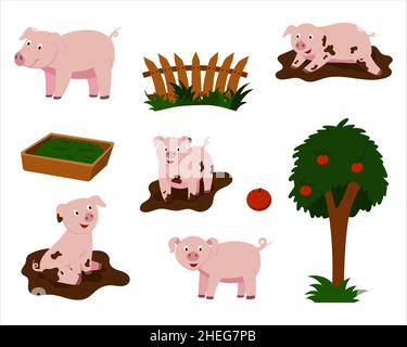 Eine Reihe von Vektor-Illustrationen von niedlichen Cartoon Schweine. vektor isoliert auf einem weißen Hintergrund Stock Vektor