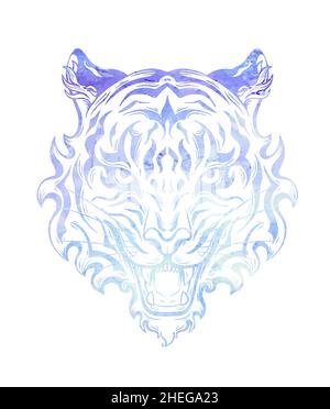 Vektor Aquarell Silhouette von wütenden Tiger Kopf. Farbkonturtätowierung von brüllenden Raubtieren. Tracery Symbol des östlichen neuen Jahres. Stock Vektor