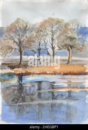Poster von Wand Kunst Landschaft Aquarell Malerei Clip Art für Hintergrund. Stockfoto