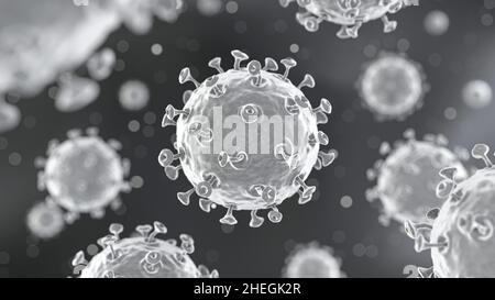 COVID-19 Corona-Viren mit Spike-Glykoprotein schwimmen mit Staubpartikel-Bokeh auf der Luft. Dunkelschwarzer und weißer Hintergrund. 3D Rendern Stockfoto