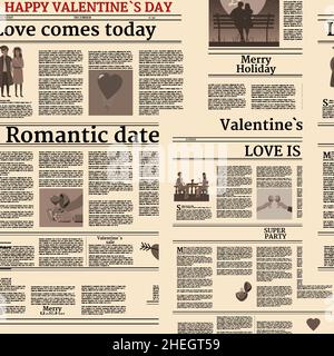 Zeitung zum Valentinstag mit nahtlosem Muster. Hintergrund mit Titelkopf, unlesbarer Text, Retro. Vektorgrafik Vintage Stock Vektor