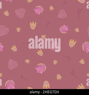 Florales Nahtloses Muster mit rosa gelben Blüten auf rotem Hintergrund. Stock Vektor