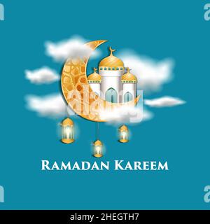 Realistisches ramadan Kareem-Design mit Moschee und Mond in realistischen Wolken und hängenden Kerzen Laternen. vektor-Design Stock Vektor