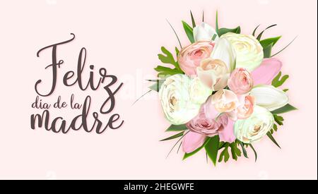 Muttertag Grußkartenvorlage. Druckfertige Postkartenmockup. Inschrift auf Spanisch: Happy Mother's Day. Flyer Glückwunsch zum internationalen w Stock Vektor