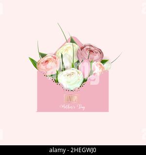 Muttertag Grußkartenvorlage. Druckfertige Postkartenmockup. Schriftzug in englischer Sprache: Happy Mother's Day. Flyer Glückwunsch zum internationalen Wom Stock Vektor