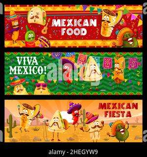 Mexikanische Fiesta und Feiertagsfeier, mexikanische Cartoon-Tacos und Burrito, Churros und Jalapeno, Nachos und Avocado-Figuren. Vektorbanner mit tex mex Stock Vektor