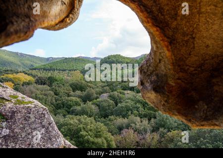 Waldlandschaft von innen gesehen von einer Höhle mit krummlinigen Felsformationen Stockfoto