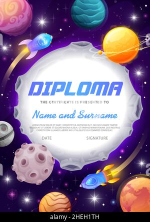 Kinder Diplom-Zertifikat, Fantasy-Universum und Flugplatz, Vektor-Schule Preis. Kindergarten Wertschätzung oder Bildung Diplom mit Fantasy-Spaceshi Stock Vektor