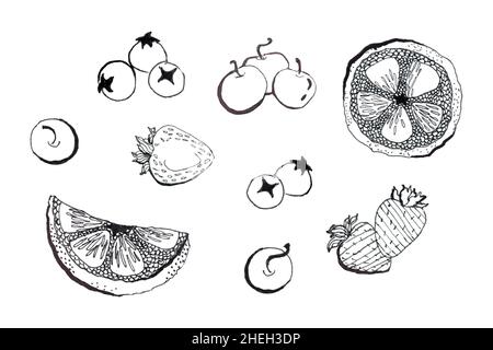 Handgezeichnete Beerenfrucht-Illustration isoliert auf Weiß. Schwarze lineare Früchte und Beeren Symbole gesetzt Stockfoto