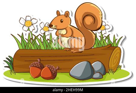 Niedliches Eichhörnchen, das auf einer Holzaufkleber-Illustration steht Stock Vektor