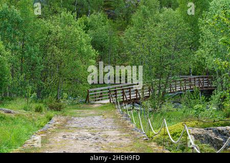 VALLDAL, NORWEGEN - 2020. JUNI 06. Wanderwege mit Brücke im Wald. Stockfoto