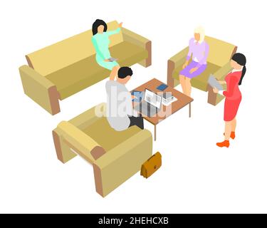 Geschäftsteam trifft sich mit dem Chef. Mitarbeiter bei der Besprechung. Die Leute sitzen auf Sesseln und Sofas im flachen Stil. Perspektivische Ansicht. Vektorgrafik. Stock Vektor