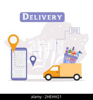 Vektor-Illustration Haus und Büro Express-Lieferservice Online-Haushaltswarenladen. Car-Paket mit Haushaltsreinigungsartikeln, PR Stock Vektor