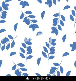 Blaues nahtloses Muster mit Zweigen und Blättern in Vektor gezeichnet. Natürliche Motive Hintergrund. Stock Vektor