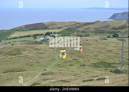 Seilbahn auf den Großen Orme, Llandudno, August 2021. Stockfoto