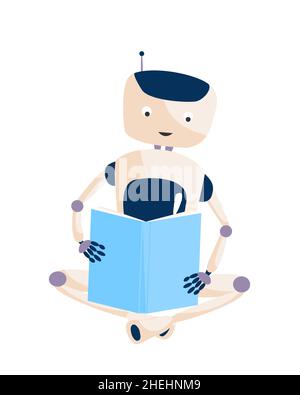 Niedlicher Roboter sitzt auf dem Boden und liest ein Buch. Bedienungsanleitung. Flache Vektorgrafik Stock Vektor