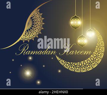 Ramadan Poster Illustration, Mond Ornament Motiv, Kronleuchter, mit einem goldenen Lichteffekt sieht luxuriös, gut für Banner, Plakate, Werbemedien Stock Vektor