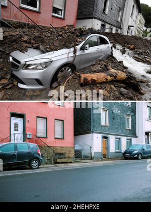 11. Januar 2022, Nordrhein-Westfalen, Hagen: KOMBO - am 15. Juli 2021 wird ein Auto von Trümmern bedeckt, die durch die Überflutung des Nahmerbaches in der Nacht zuvor gebracht wurden (oben). Fast ein halbes Jahr später ist die Straße frei, nur noch eine aufgeklatschte Eingangstür zur Erinnerung an die Zerstörung (unten, 11. Januar 2022). Mitte Juli 2021 verursachten heftige Regenfälle und Stürme vielerorts Überschwemmungen und Zerstörungen. In Nordrhein-Westfalen traf es Hagen zunächst besonders hart. Hänge rutschten hinunter, überflutete Straßen wurden gesperrt. Foto: Roberto Pfeil/Alex Talash/dpa - ACHTUNG: Autokennzeichen sind pix Stockfoto